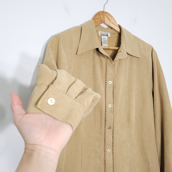 💕Vintage Dark Sand Country Chic Long Sleeve 90's Button Front Shirt Cottagecore - Picture 2 of 9